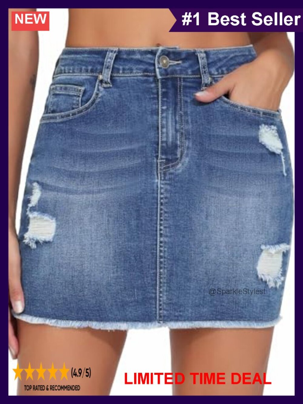Ripped Denim Mini Skirt Stretchy Frayed Raw Hem High Rise Women's Jean Skirt